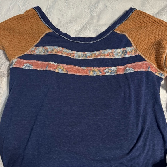 Free People Mixed Media Patchwork Embroidered Thermal Long Sleeve Shirt Top - Picture 2 of 6